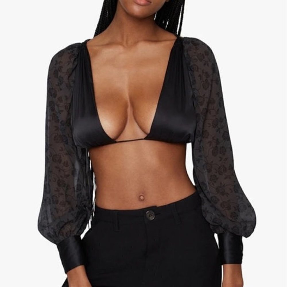 Danielle Bernstein x WeWoreWhat Puff Sleeve Tie Back Top – Black – Size L – NWT